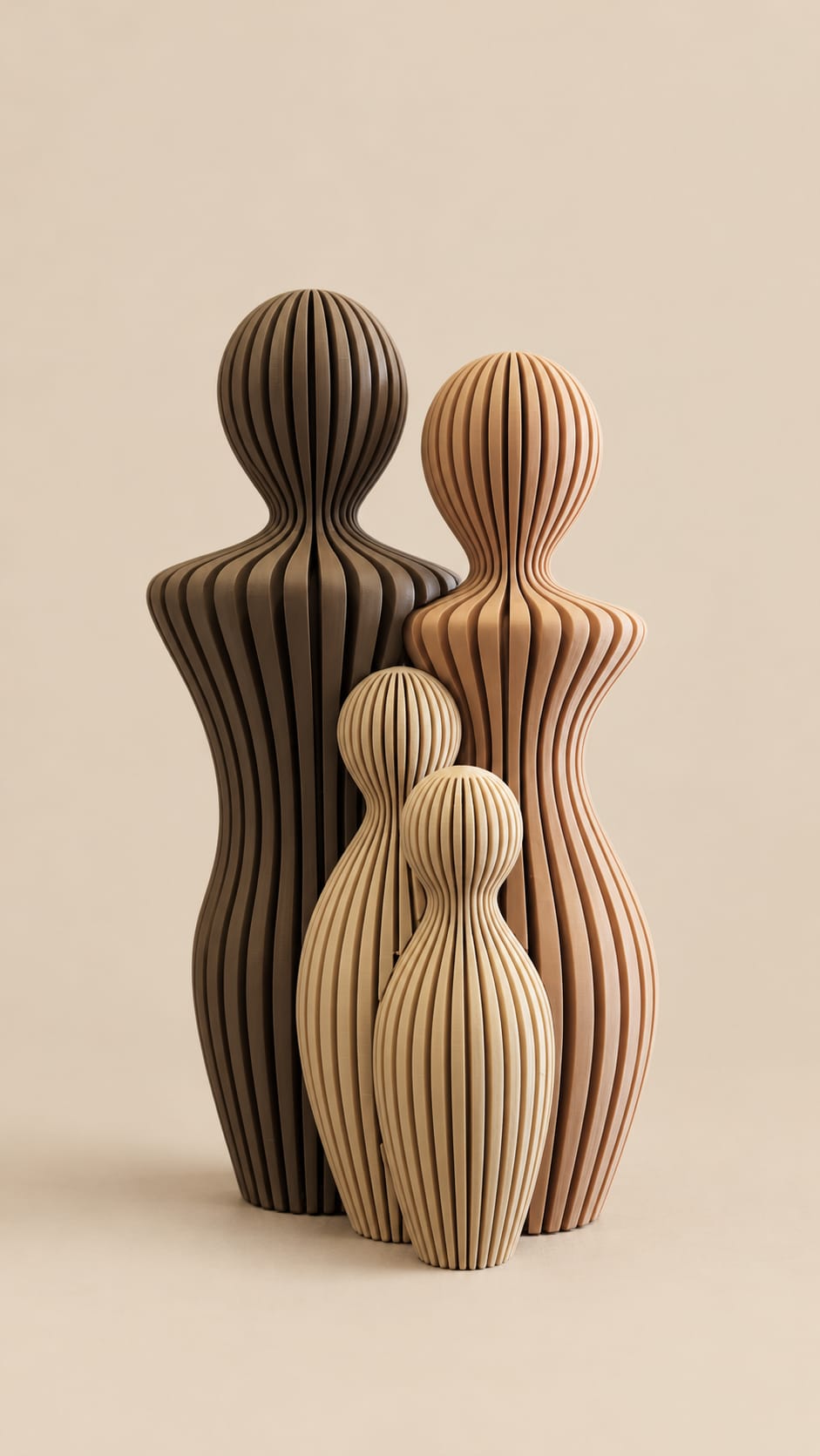 Three ribbed printed figurines shaped like stylized human figures, shown in dark brown, light brown, and beige tones against a warm beige background.